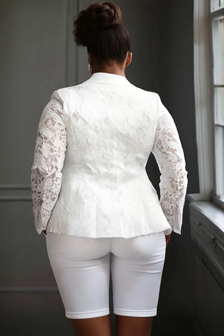 Xpluswear Design Plus Size Mother Of The Bride White Lapel Collar Long Sleeve Contrast Pocket Lace Two Piece Pant Suits [Pre-Order]