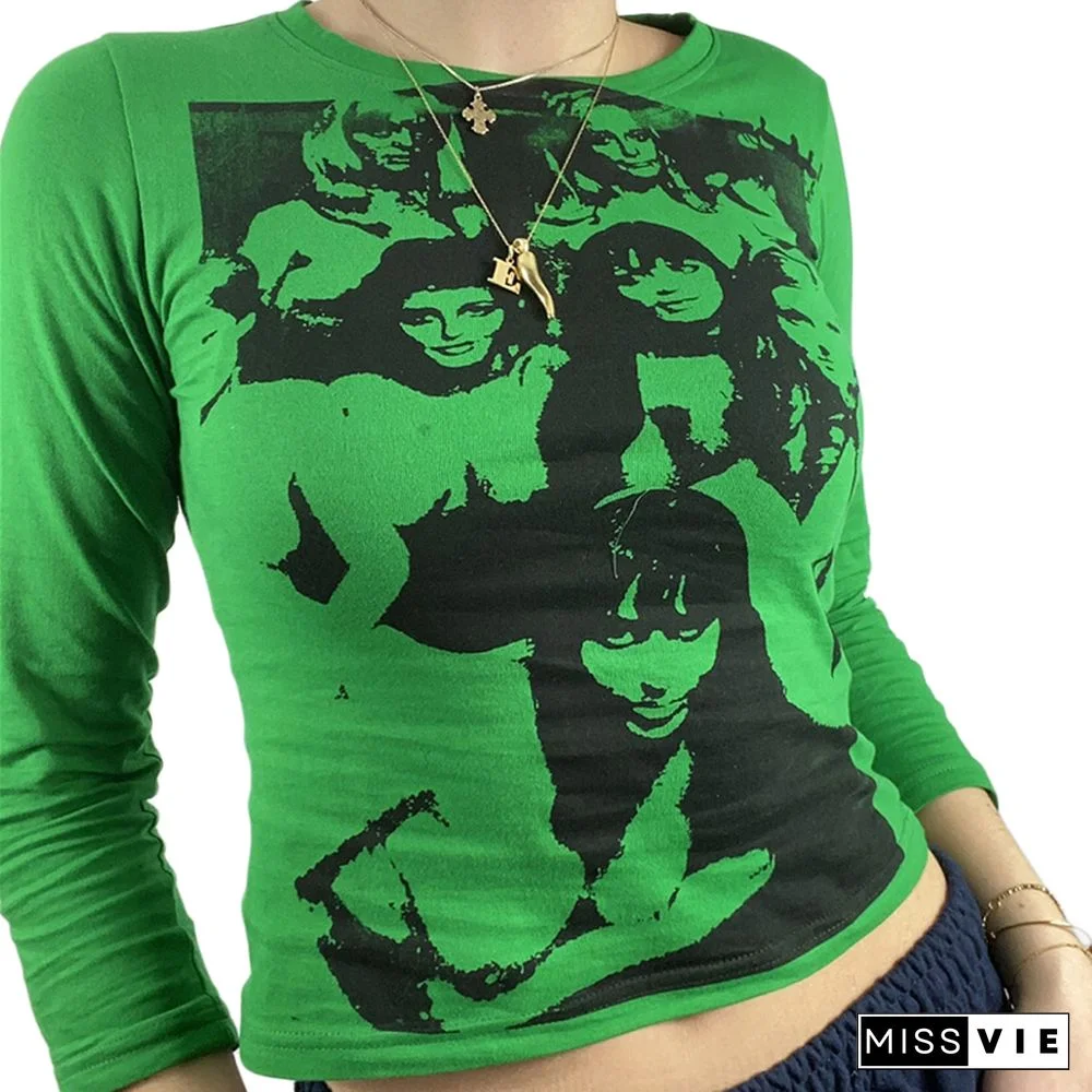 Women Long Sleeve T-shirt With Funny Print Clothes Female Head Skinny Fit Casual Style Clothing Ladies Shirt Tops