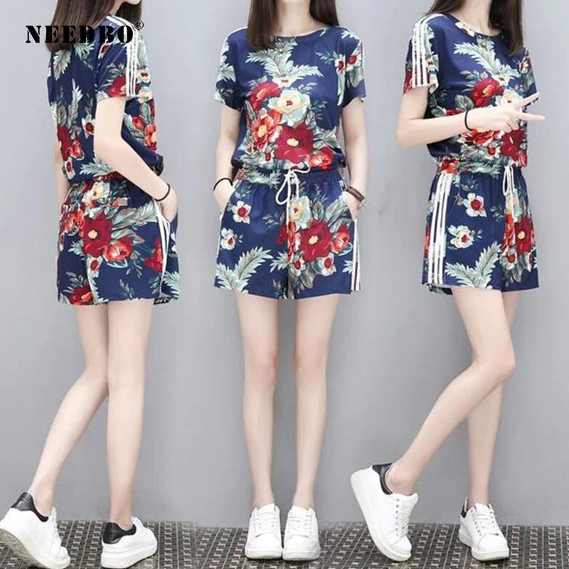 NEEDBO 2 Piece Set Women Shorts and Top Tracksuit Women Casual Two Piece Set Plus Size Women Outfit Clothes for Women Suit