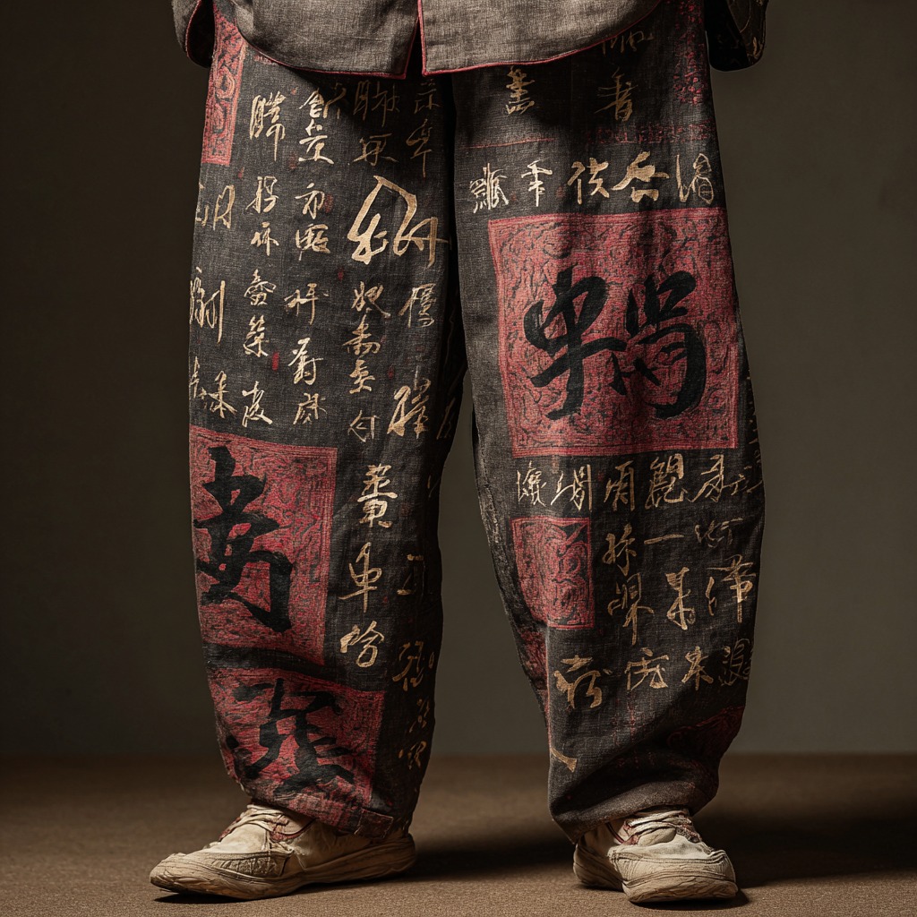 Men's Japanese Calligraphy Art Linen  Pants  artssus
