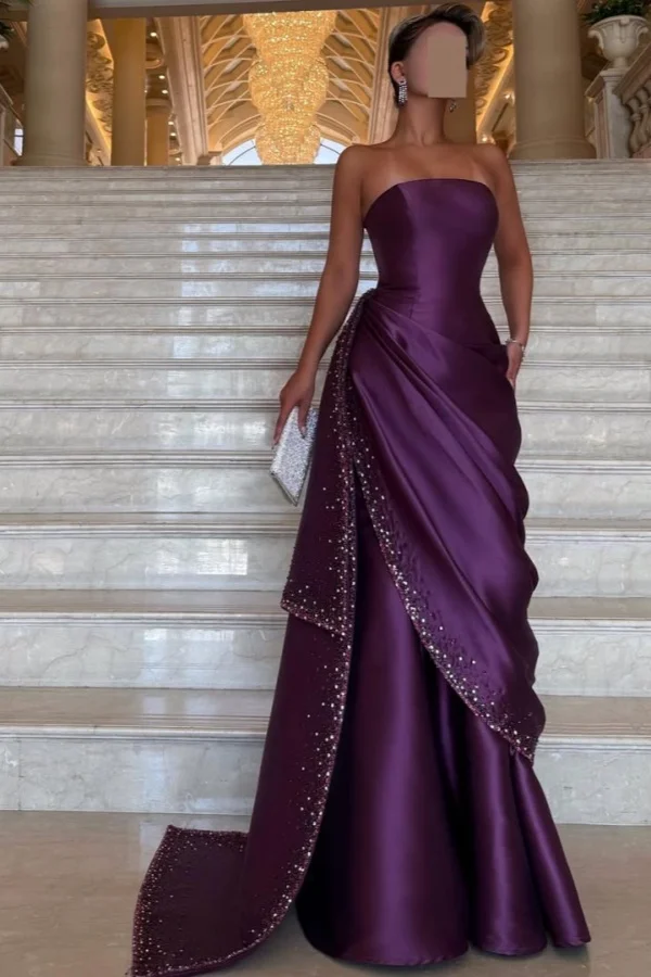 Classic Purple Straight Across Beaded Pleated Sleeveless Prom Dress YK0108