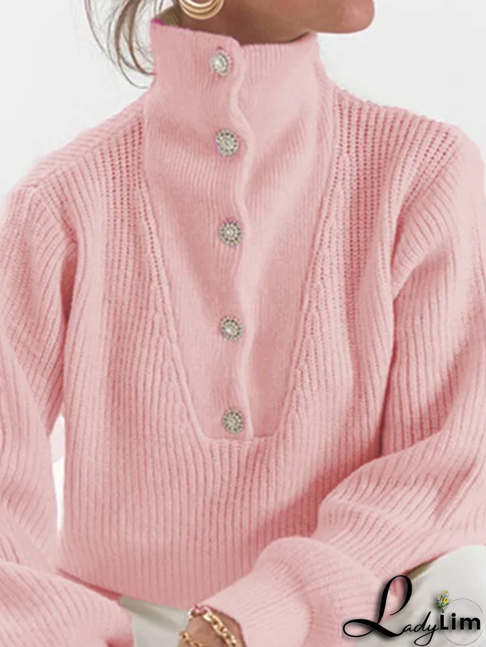 Casual Textured High Neck Rhinestone Button Long Sleeve Sweater