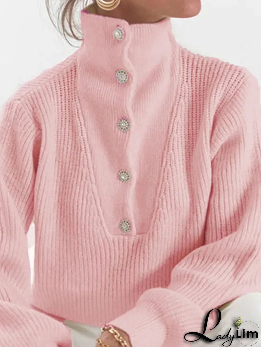 Casual Textured High Neck Rhinestone Button Long Sleeve Sweater