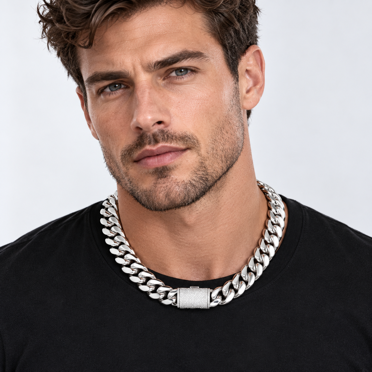  Silver-Tone Miami Cuban Link Chain Bracelet or Necklace with Textured Clasp, 12&ndash;22mm