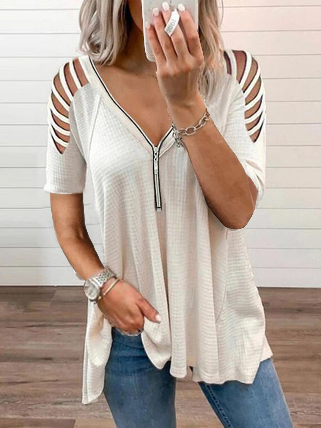 2022 summer European and American new sexy V-neck zipper short-sleeved solid color T-shirt