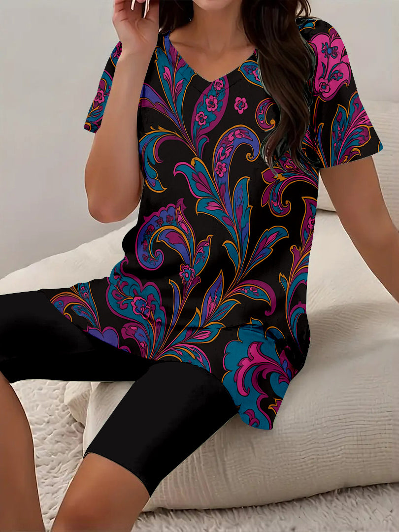 Women Long Sleeve V-neck Graphic Floral Printed Top