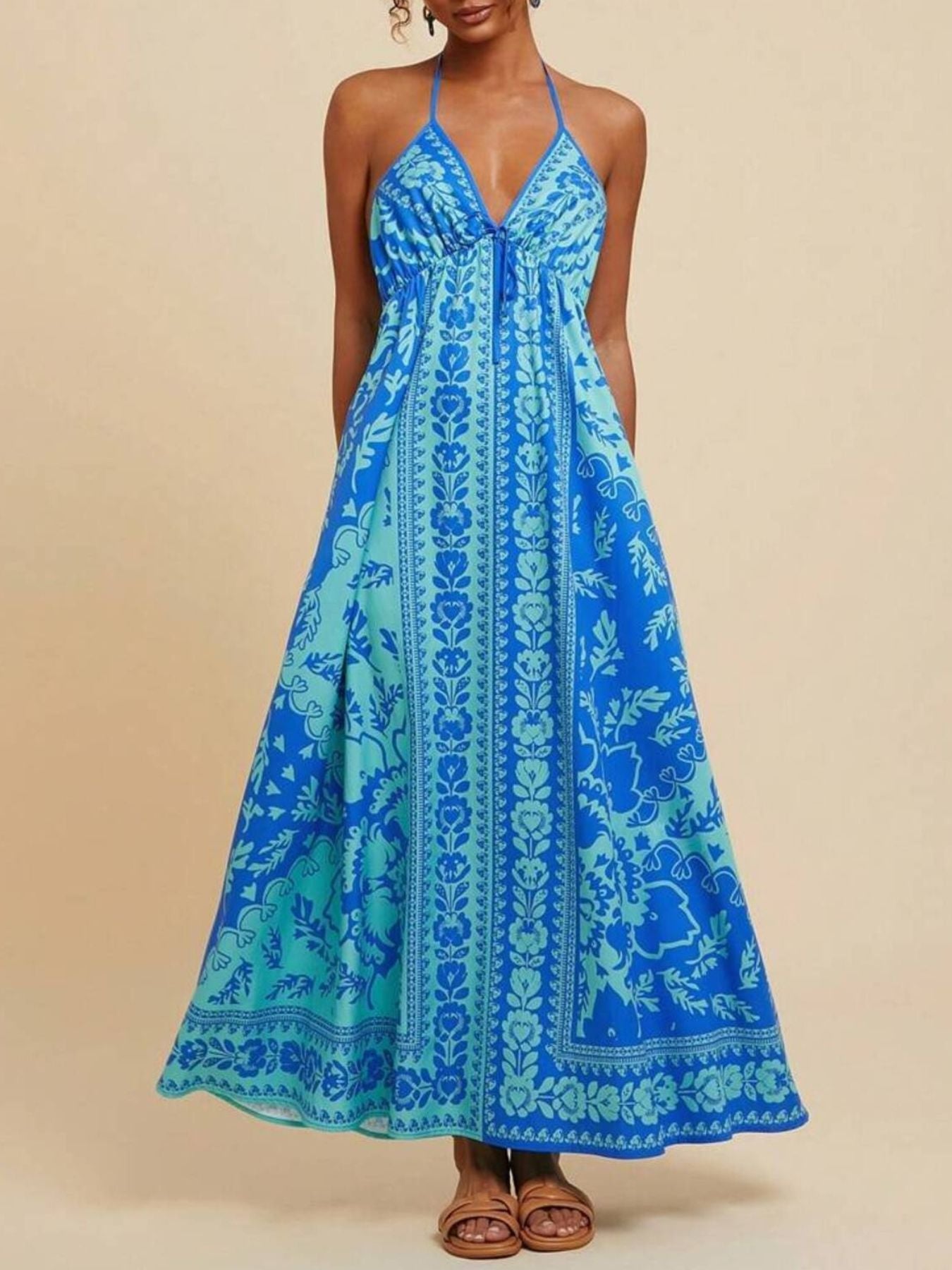 Bohemian Floral Print Halter Maxi Dress mysite idetrend