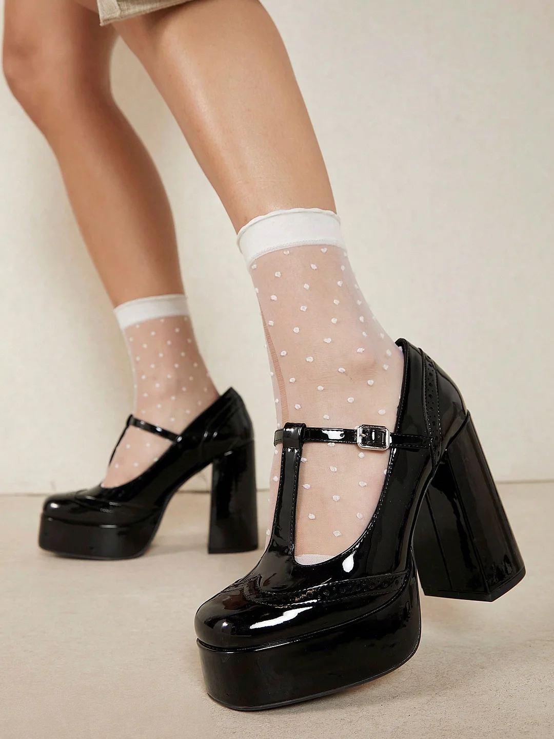 Black Patent Leather Closed Toe T-Strappy Platform Loafers With Chunky Heels Nicepairs