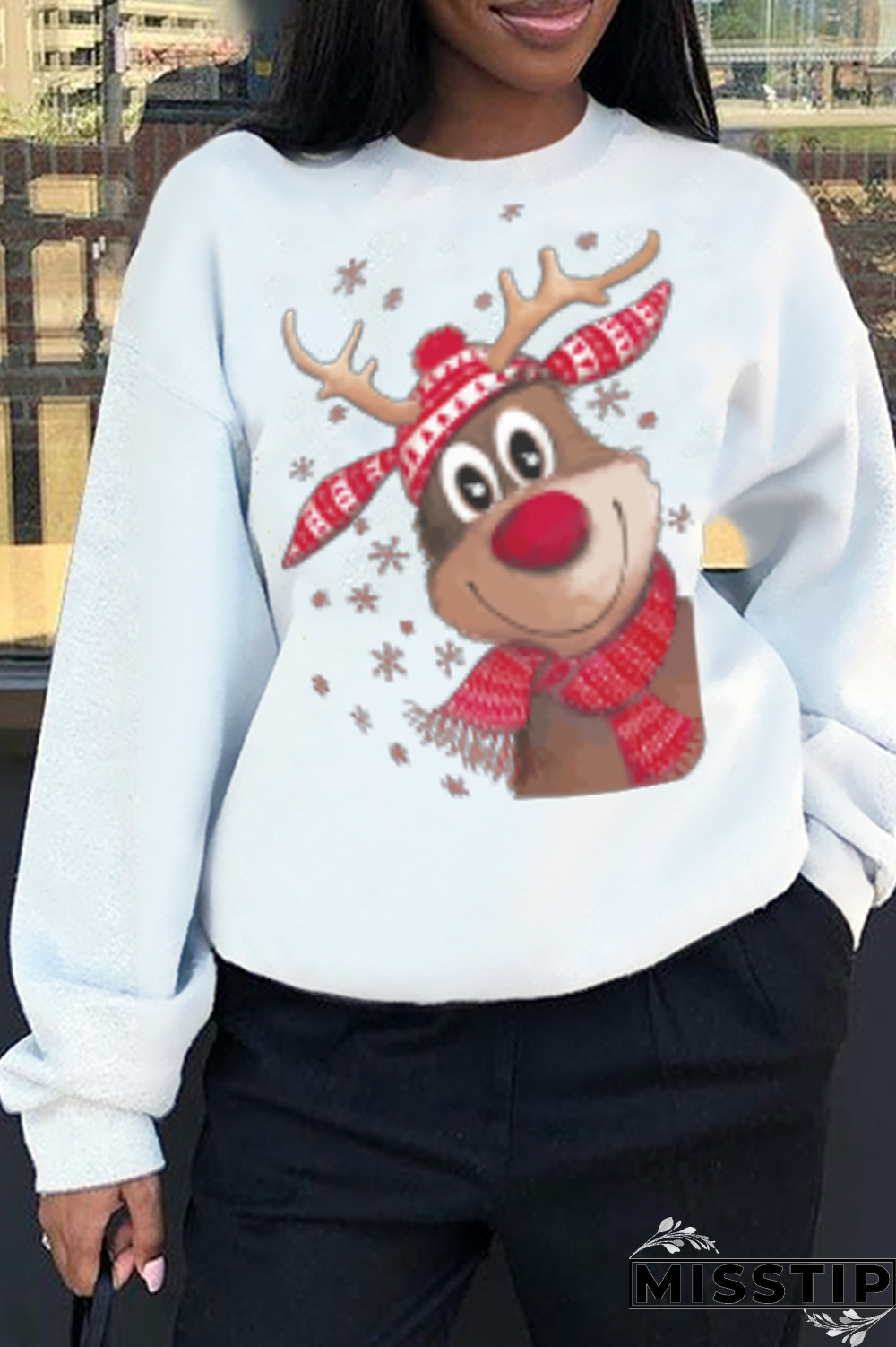 Black Casual Street Print Wapiti Patchwork O Neck Tops