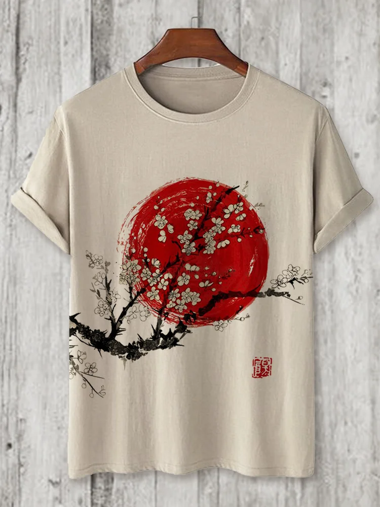 Comstylish Men's Plum Blossom Sunrise Japanese Art T Shirt