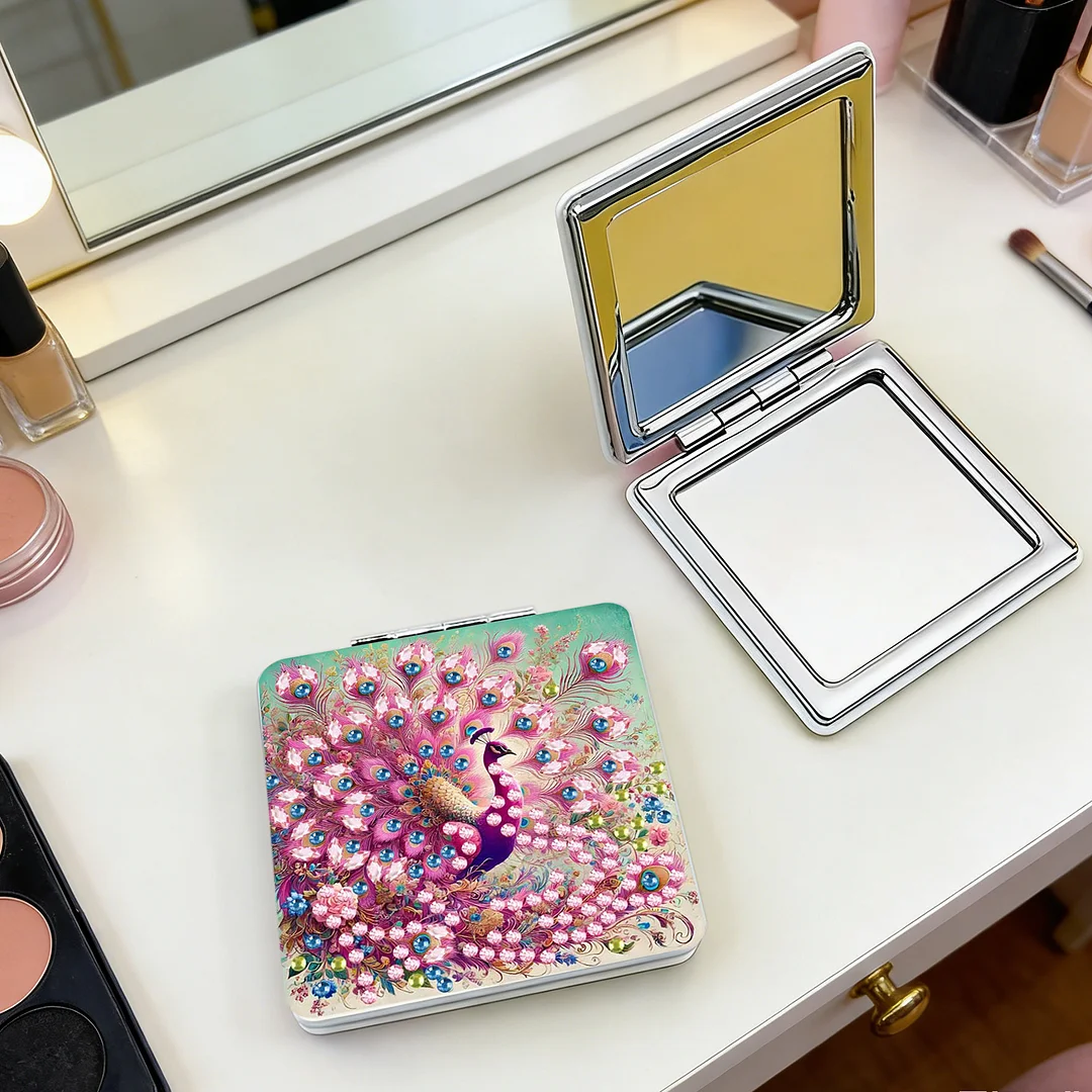 Pink Peacock DIY Special Shaped Diamond Painting Compact Mirror Kits Diamond Art Painting Pocket Mirror for Adults and Beginners