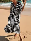 Loose V-Neck Zebra Striped Print Vacation Maxi Dress Cover-Ups Top