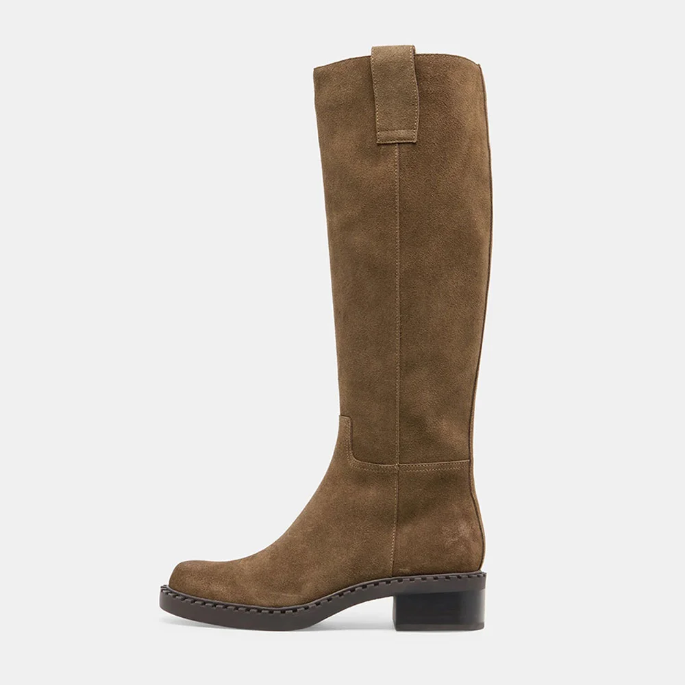 Tan Block Heel Round Toe Vegan Suede Long Fashion Boots for Women