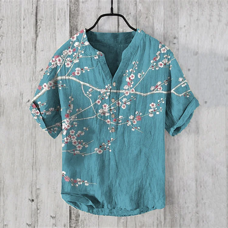 Japanese Plum Blossom Art Casual Linen Blend Shirt