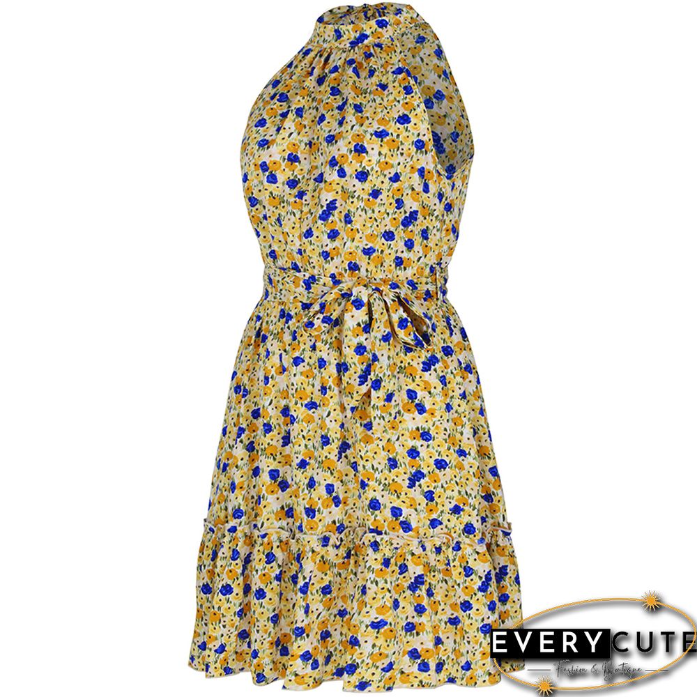 Yellow Sleeveless Halter Floral Dress with Belt