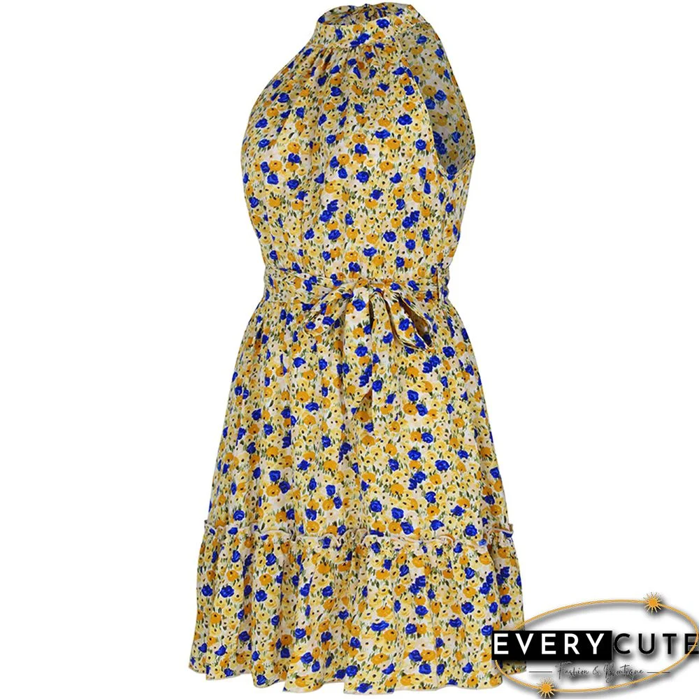 Yellow Sleeveless Halter Floral Dress with Belt