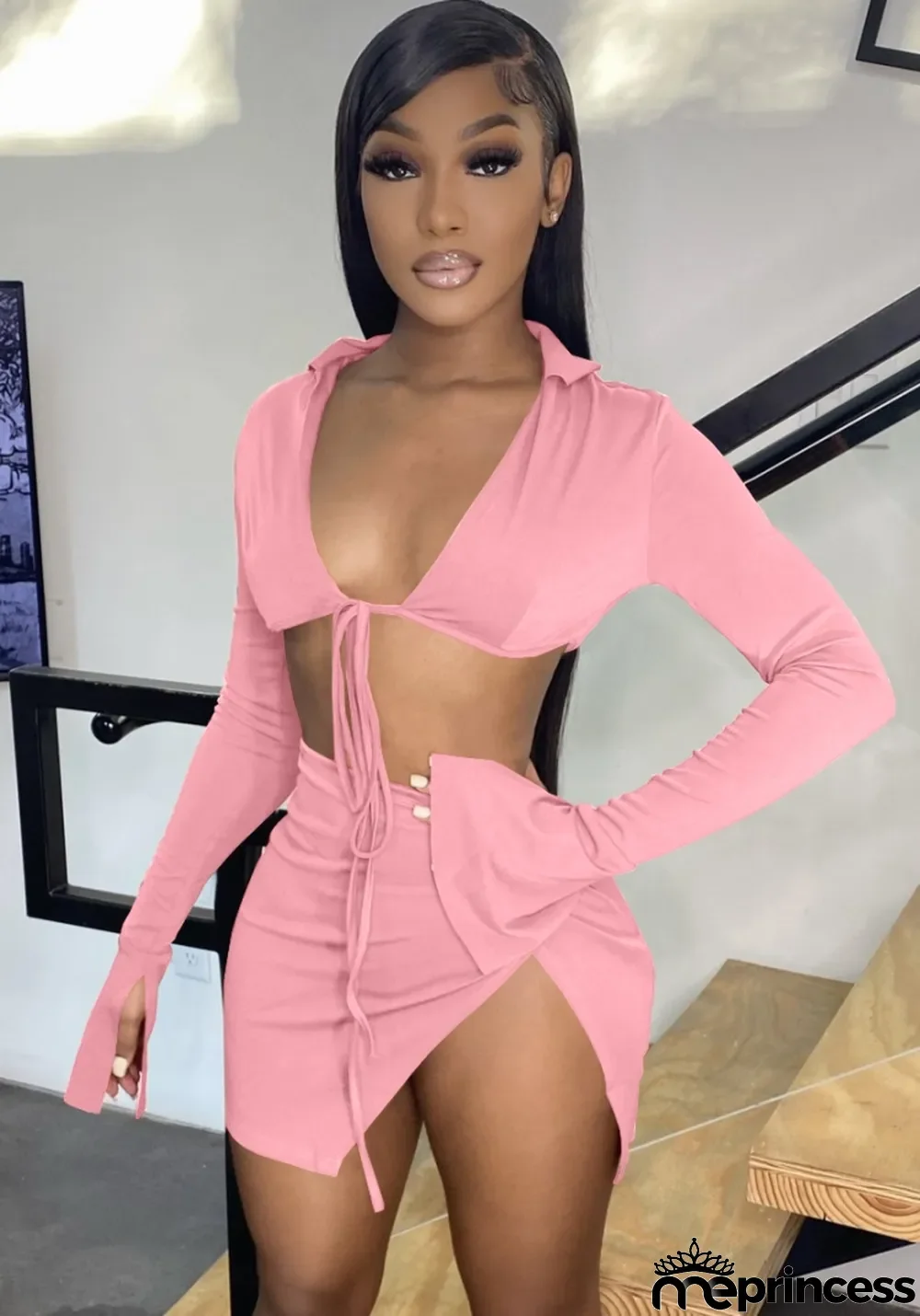 Women Spring Pink Sexy Strings Crop Top and Slit Mini Skirt Two Piece Set