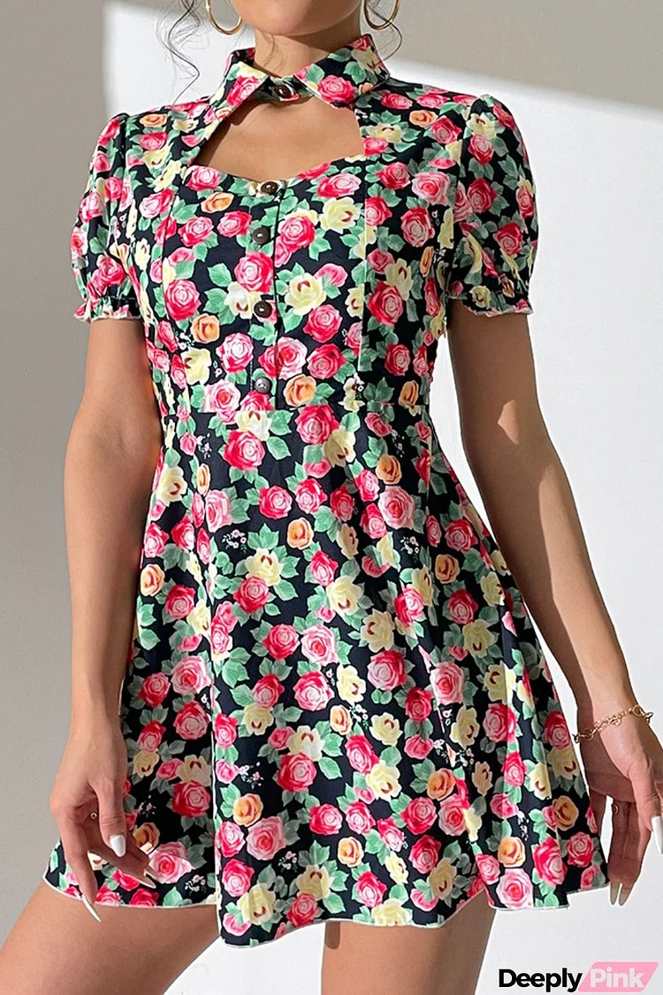 Floral Buttoned Cutout Puff Sleeve Dress