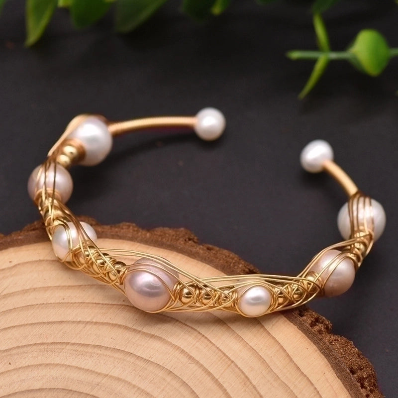 Retro Flower Copper Plating Inlay 18K Gold Plated Pearl Bangle