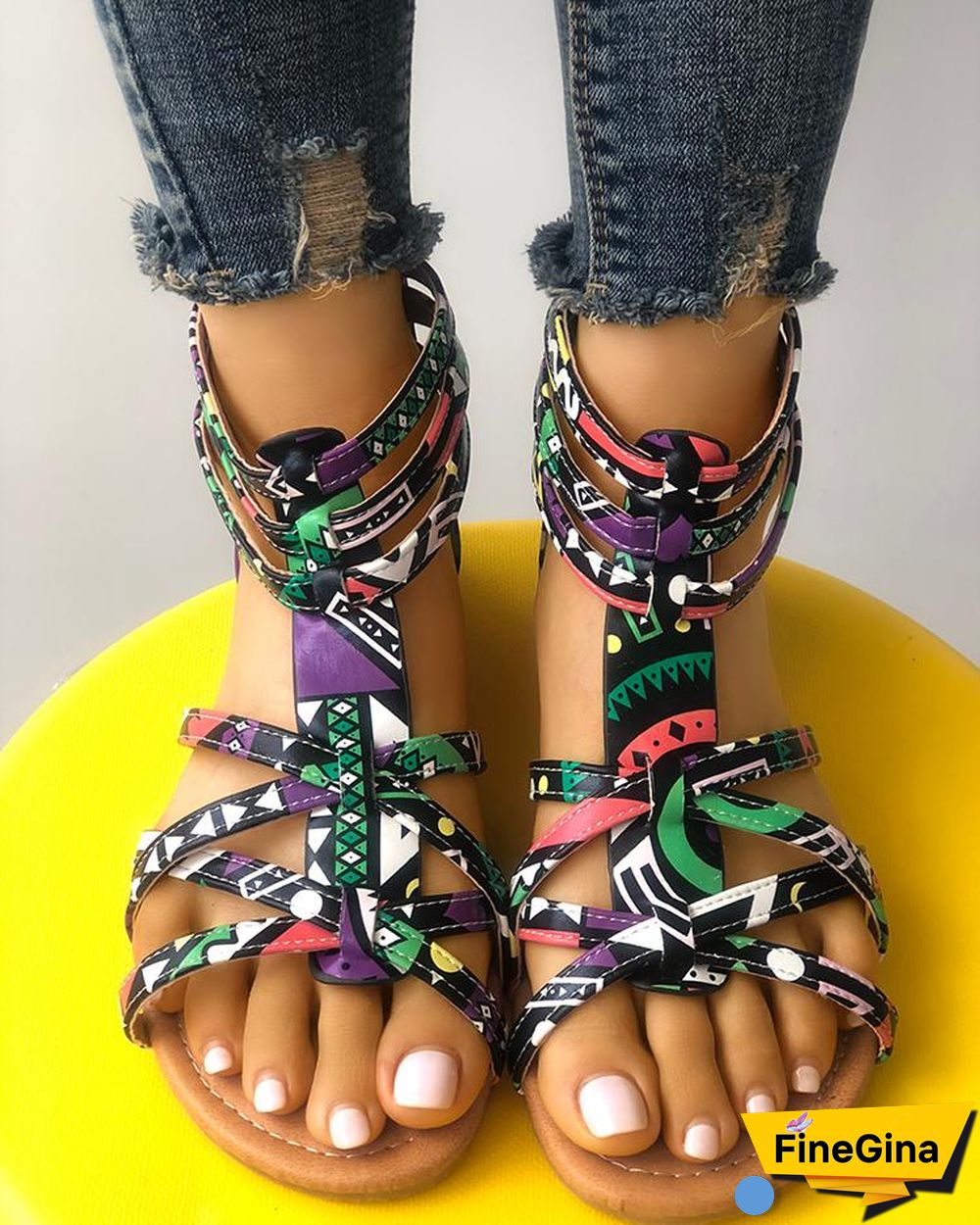 Graffiti Print Strappy Bandage Flat Sandals