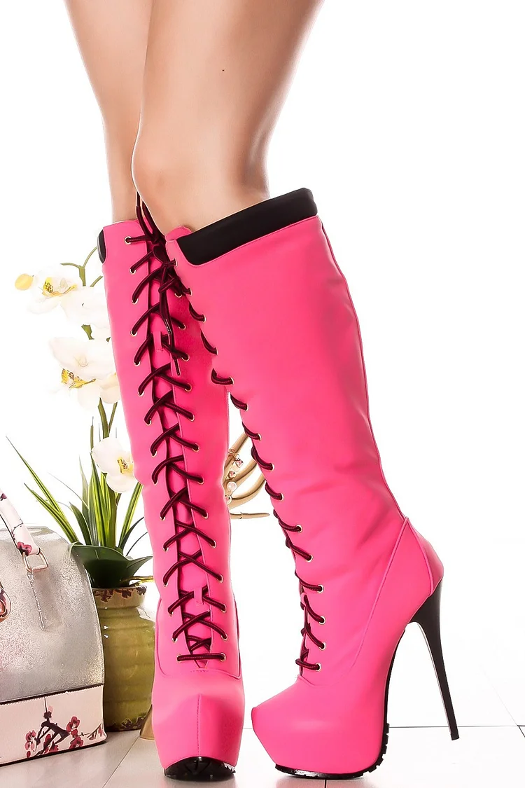 Pink Lace-up Knee High Boots Stiletto Heels Vdcoo