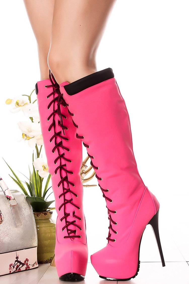 Pink Lace up Platform Boots Stiletto Heels Suede Knee High Boots |FSJ Shoes