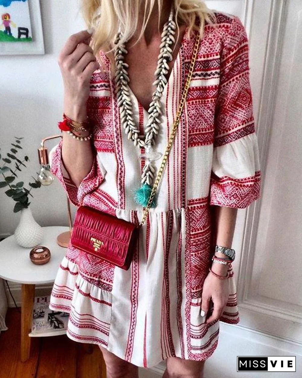 V-Neck 3/4 Sleeve Print Vacation Mini Dress