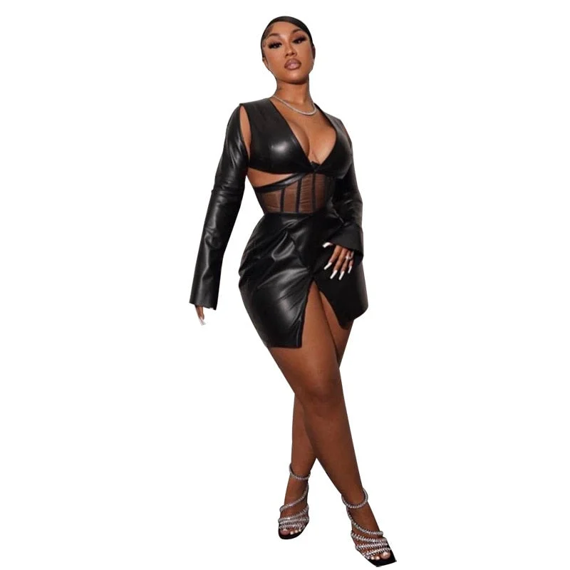 ANJAMANOR Sexy Nightclub Black Dresses for Women Party PU Leather Mesh Patchwork Cut Out Irregular Bodycon Slit Dress D12-FI34