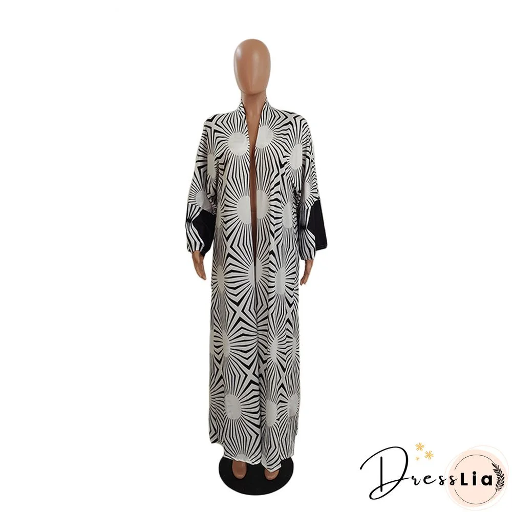 Printed Long Sleeve Open Front Long Cardigan Tops