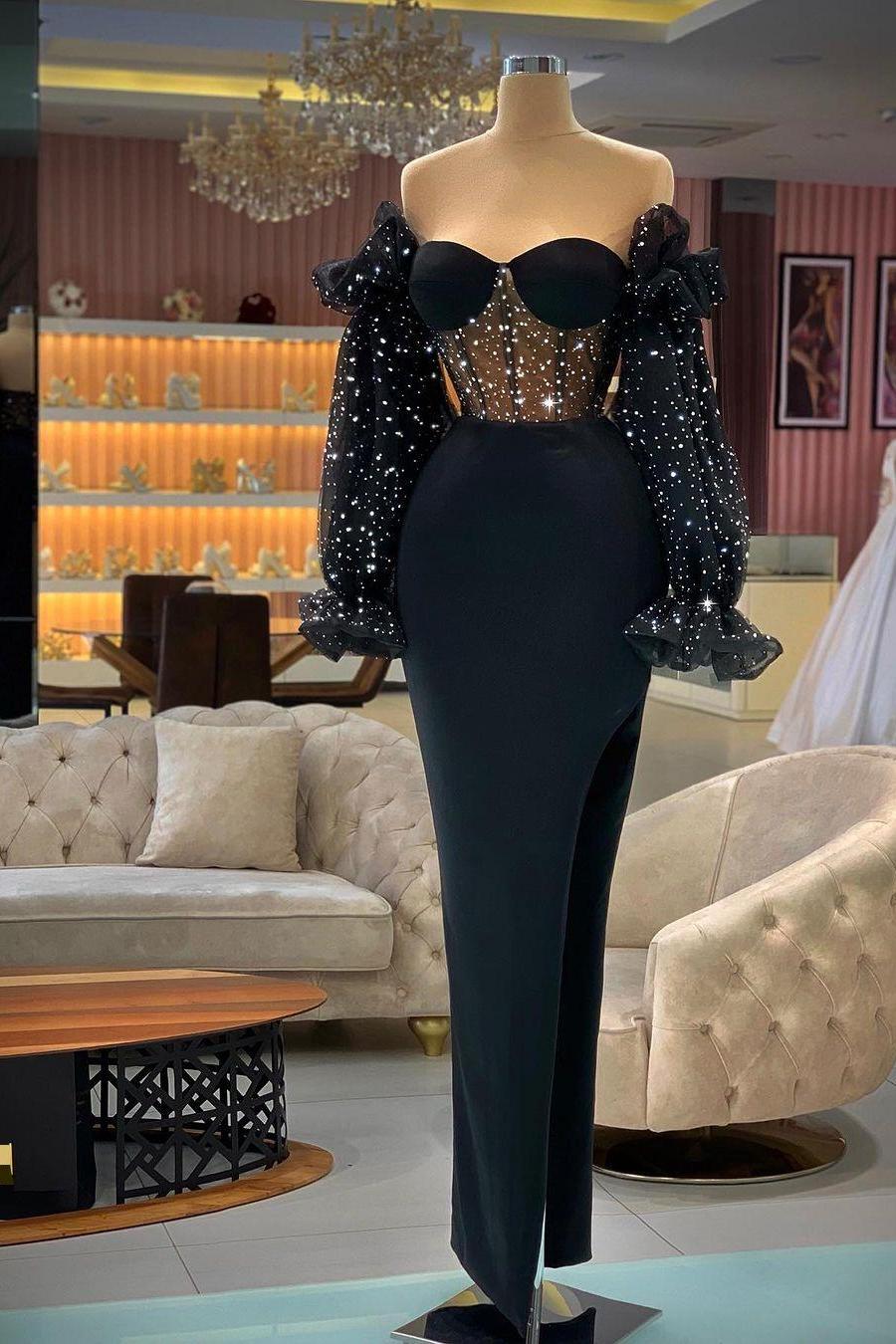 Lvs&Broner Strapless Off the Shoulder Split Long Prom Dress With Sequins