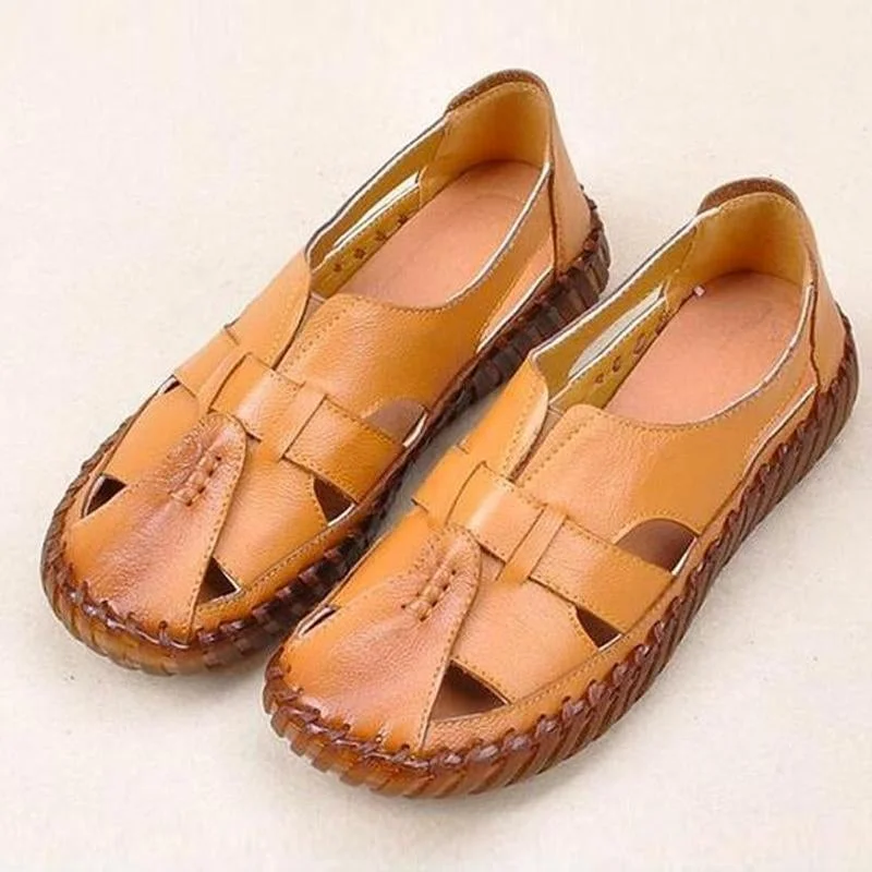 Women Genuine Leather Handmade Sandals Retro Style Mother Flats Shoes