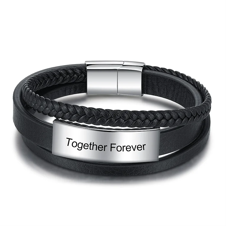 Men Leather Bracelet Engraved Text Multi-layer ID Bracelet for Him