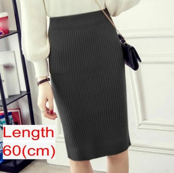 Women Knitted Pencil Skirts Slim Solid Basic Ladies Office High Waist Elegant Midi Skirt 2020 Autumn Winter Warm Womens Skirts