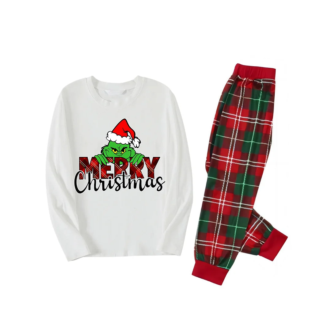 "Merry Christmas" Letter Print 2024 Green Elf Cartoon Pattern Contrast White Long Sleeve with Classic Red and Green Plaid Pants Family Matching Pajamas