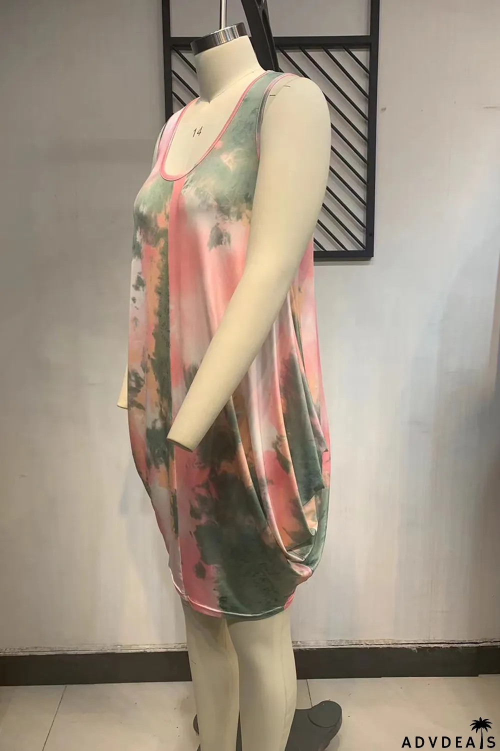 Pink Fashion Sexy Plus Size Print Tie Dye Asymmetrical O Neck Vest Dress