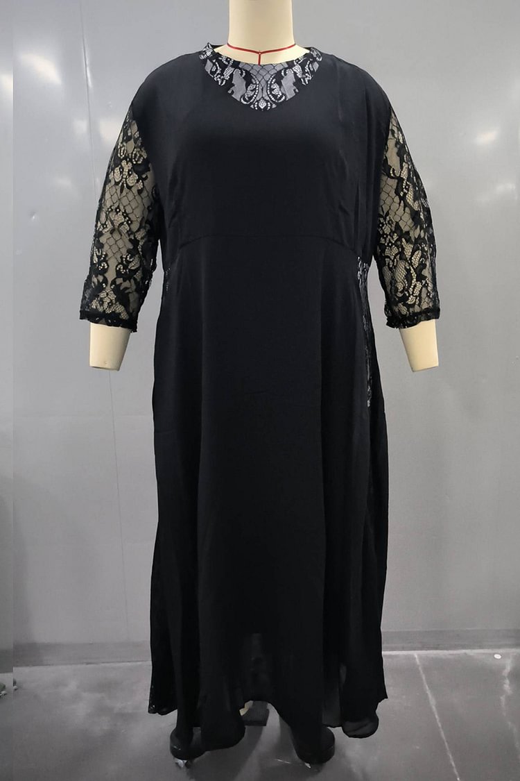 Plus Size Lace Patchwork 3/4 Sleeve Round Neck Maxi Dress FlyCurvy Flycurvy [product_label]