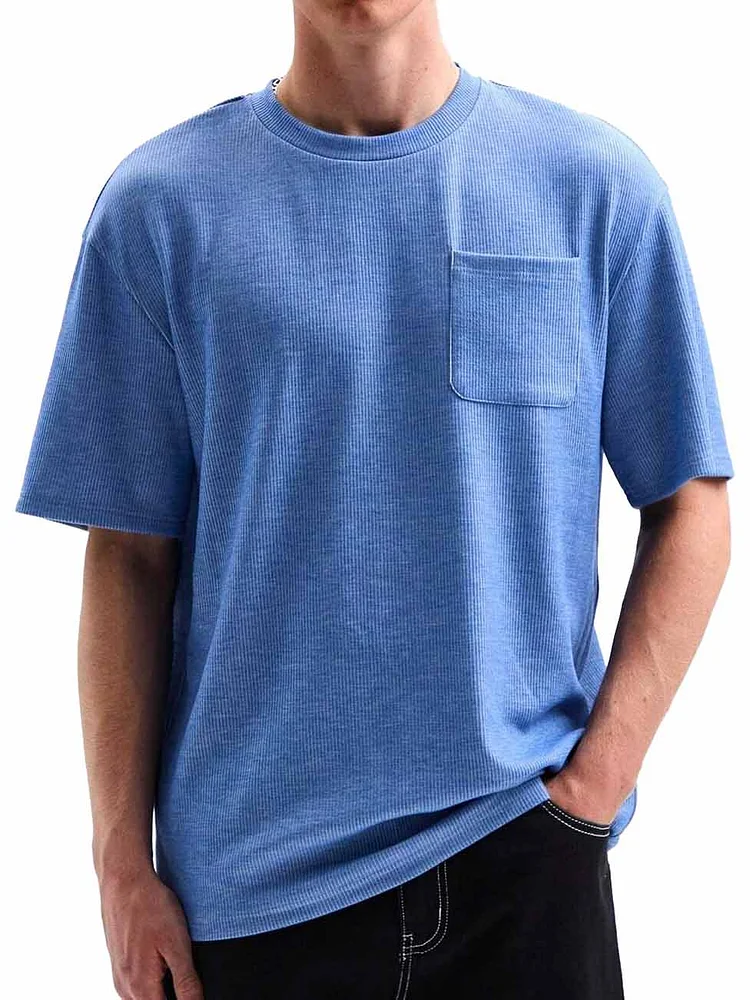 Men's Comfortable Basic Striped Fabric U-shaped Pocket Round Neck Short-Sleeved T-shirt