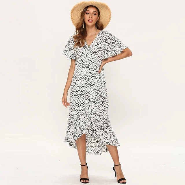 Summer Beach Maxi Dress Women Floral Print Boho Long Chiffon Dress Ruffles Wrap Casual V-Neck Split Sexy Party Dress Robe