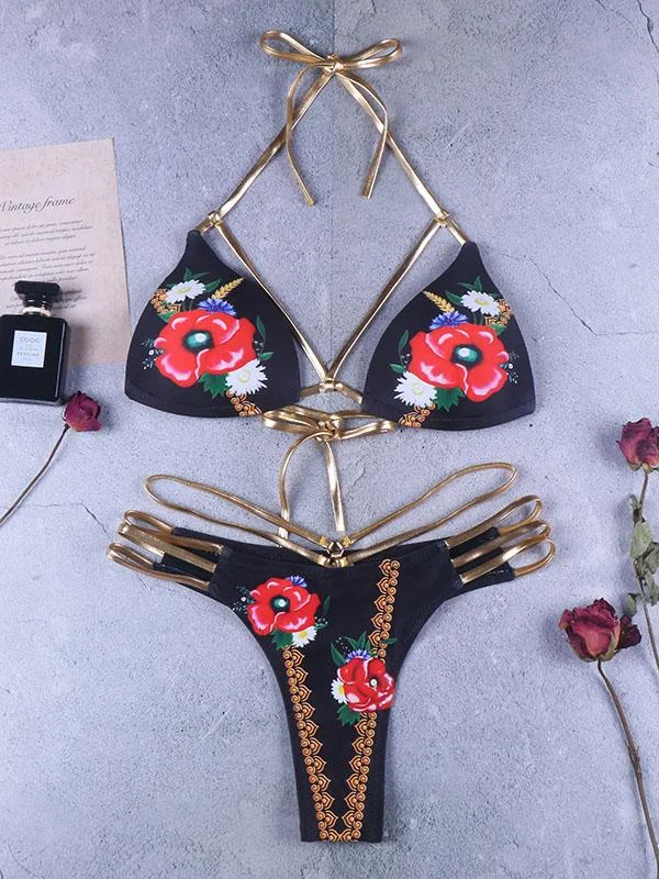 Lattice Scrunch Backless Printed Bikini Set