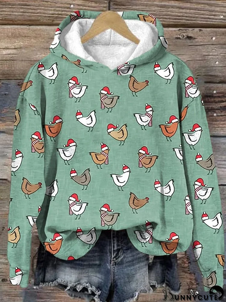 Chickens In Santa Hat Print Hoodie