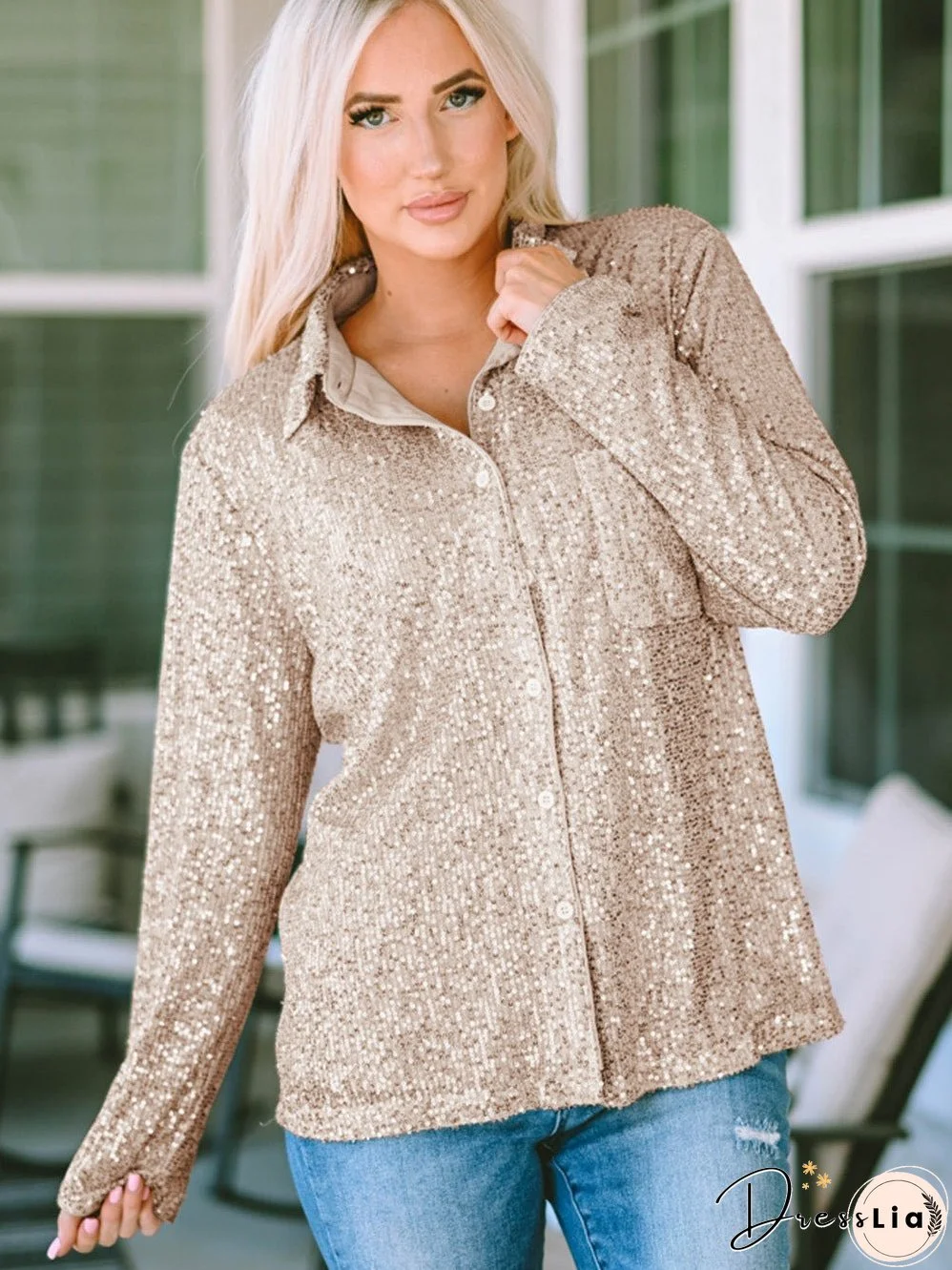 Sequin Embellished Apricot Shirt with Collar and Pocket