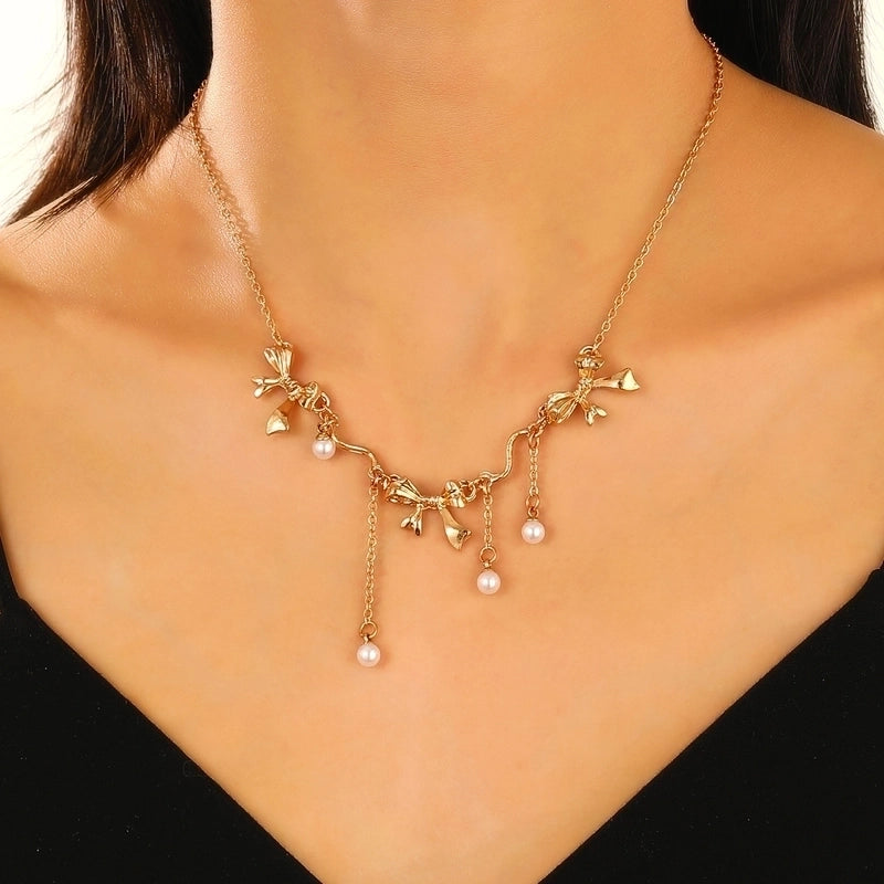 Minimalist Moon Flower Bow Knot Imitation Pearl Alloy Bracelets