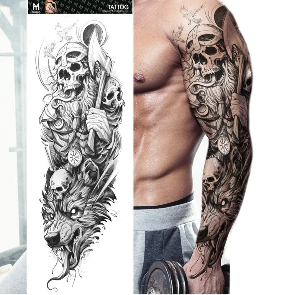 Fake Tattoo Lion Warrior For Men Waterproof Temporary Snake Flower Sticker Totem Geometric Full Arm Large Size Sleeve Tatoo Boys