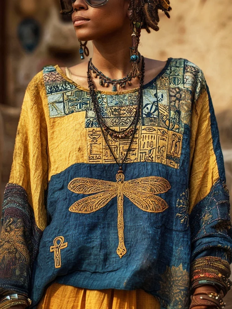 Vintage Egyptian Elements Dragonfly Pattern Women's Linen Loose Shirt