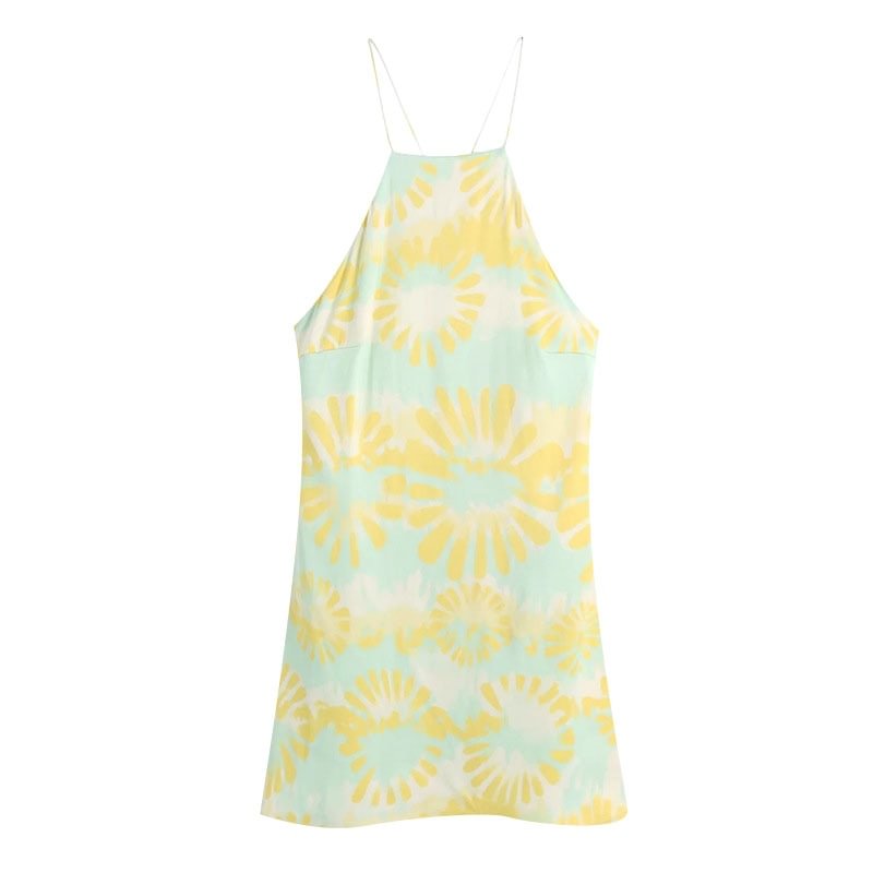 TRAF Women Chic Fashion Printed Halter Neck Mini Dress Vintage Backless Zipper Thin Straps Lining Female Dresses Mujer