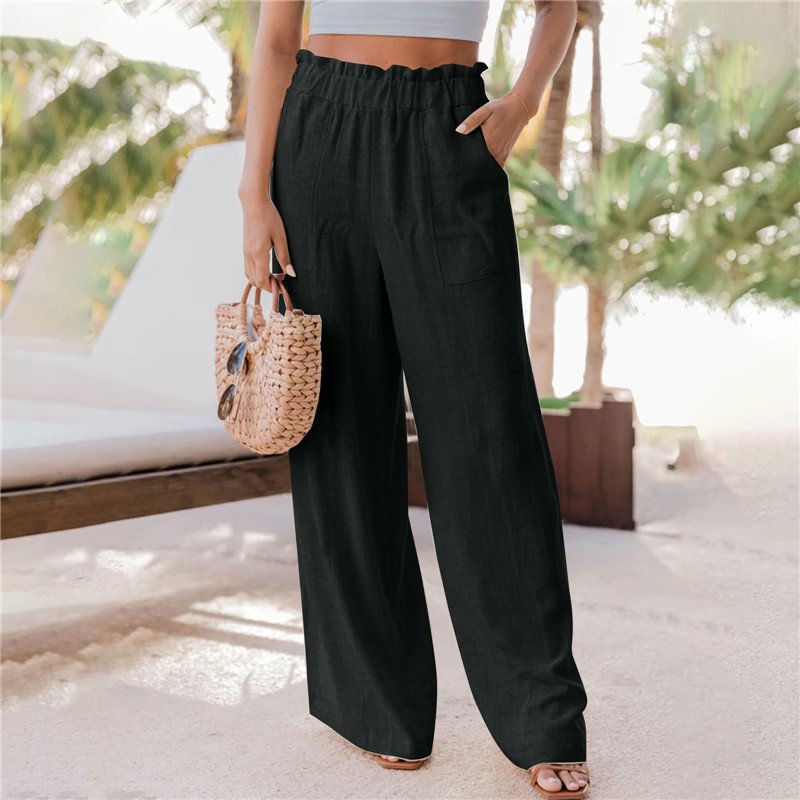 Summer Women's Casual Pants Fashion Ruffles Patch Pocket Wide-leg