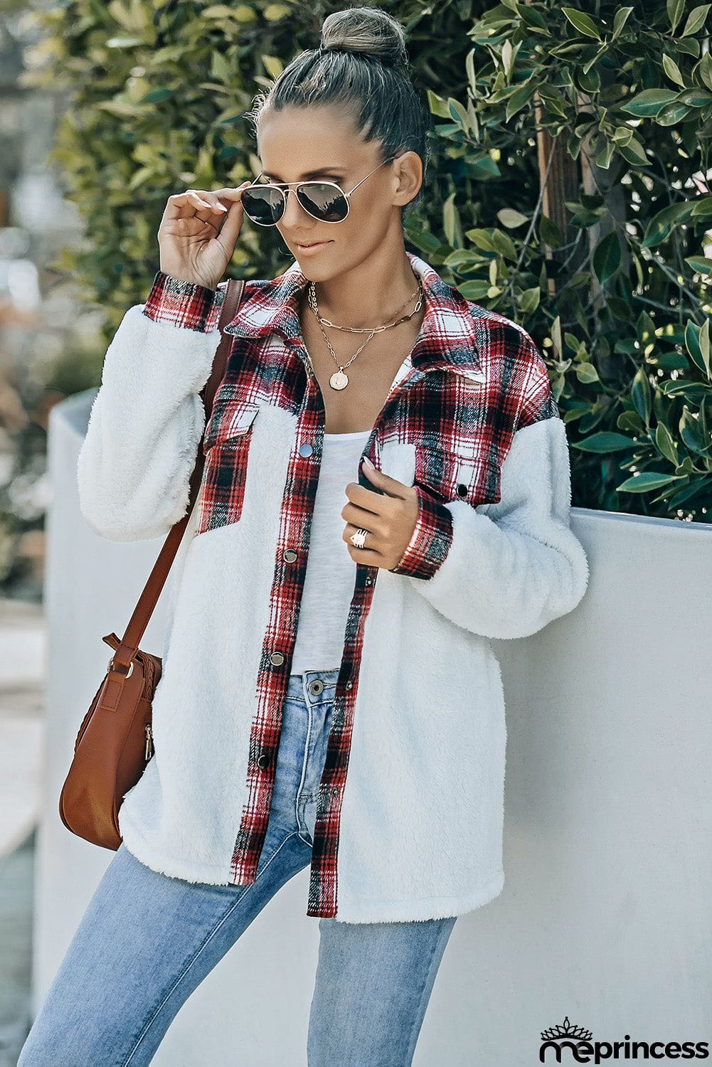 Plaid Patchwork Buttoned Pocket Sherpa Jacket
