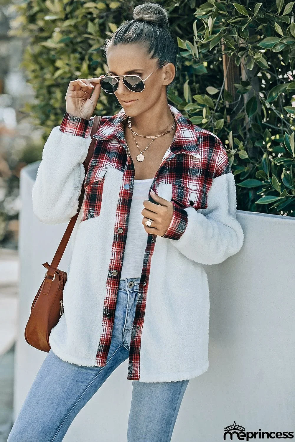 Plaid Patchwork Buttoned Pocket Sherpa Jacket