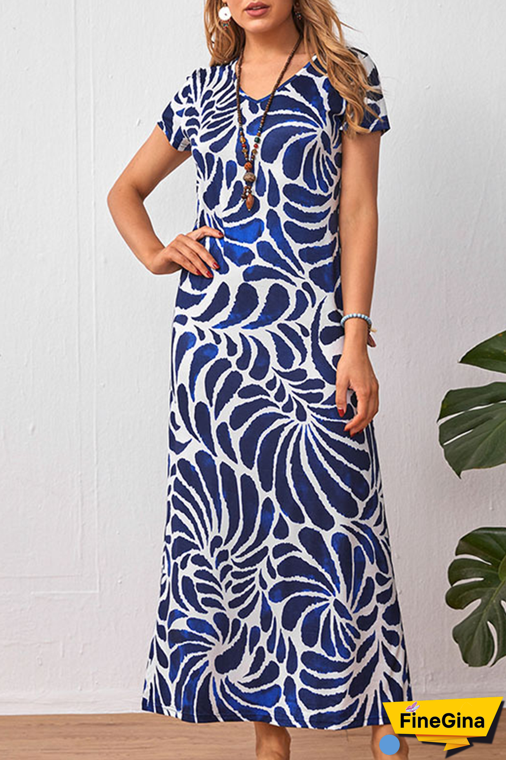 Elegant Print Split Joint V Neck A Line Dresses