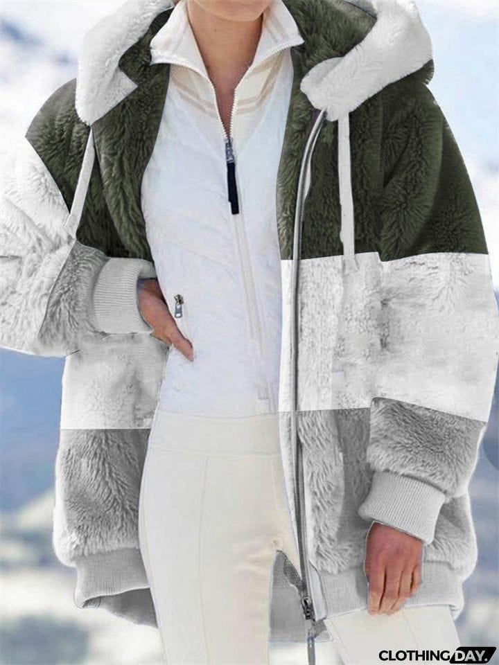 Ladies Warm Fleece Patchwork Full Zipper Hooded Coat